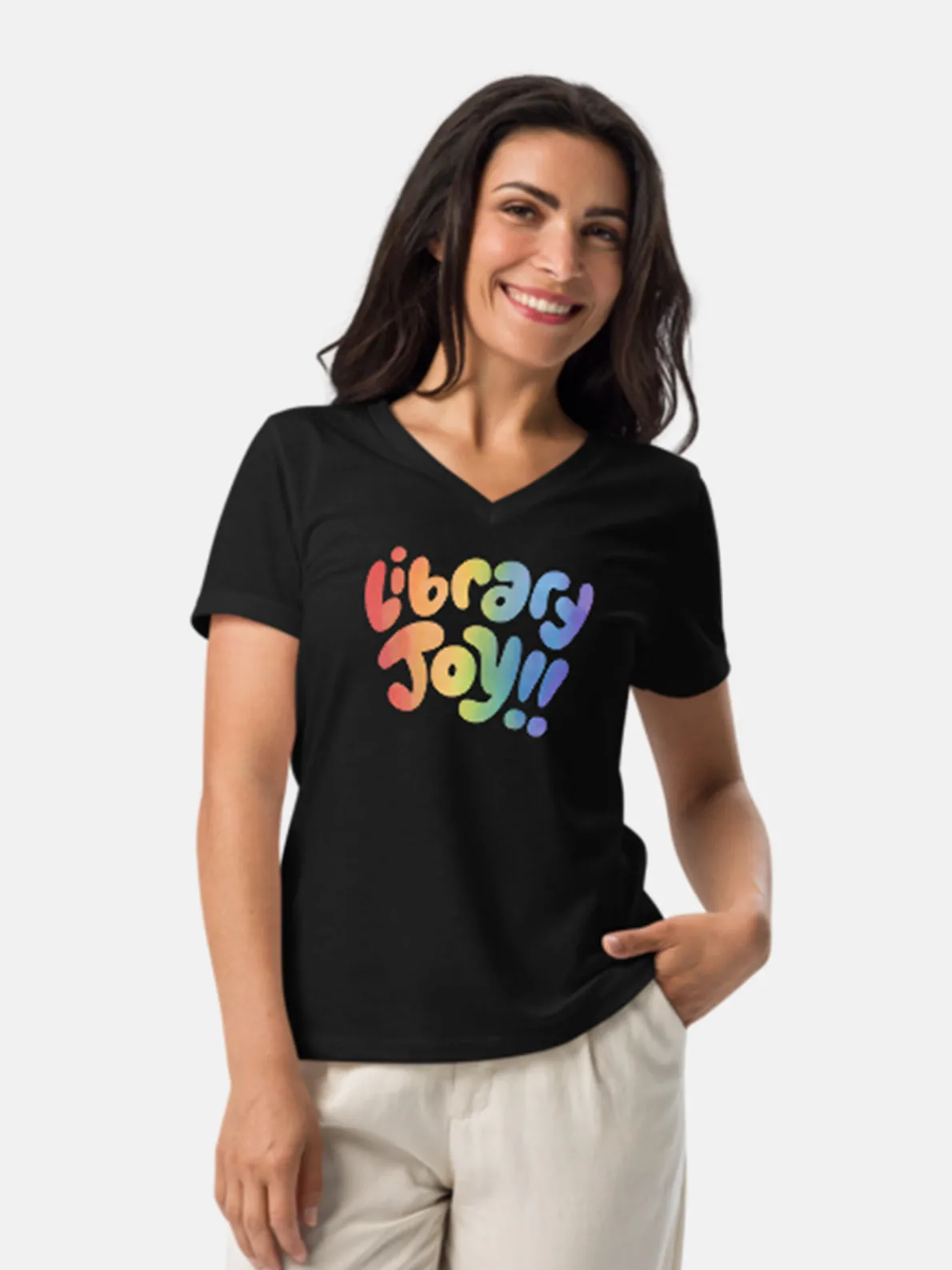 Mychal Threets: Library Joy Women's V-Neck T-Shirt (Print Shop)