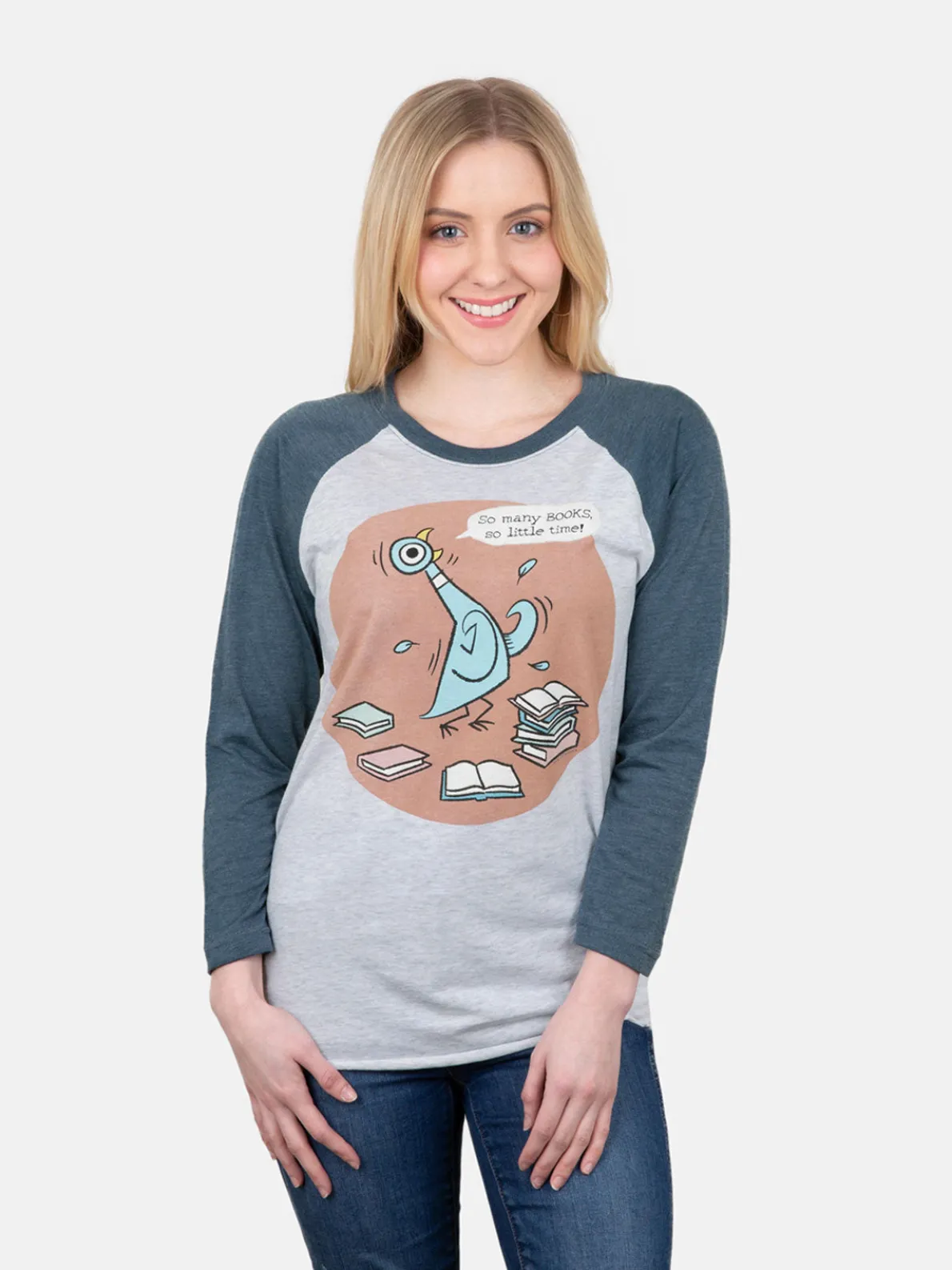 The Pigeon: So Many Books Unisex 3/4-Sleeve Raglan